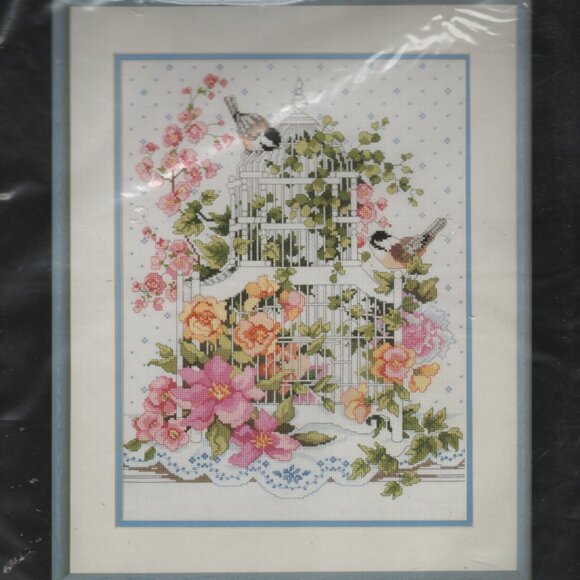 Vintage Bucilla Counted Cross Stitch Blossoming Bird Cage 12 x 16 Sealed Package - Picture 2 of 3